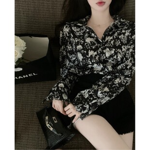 2026春季法兰西玫瑰花朵印花宽松长袖雪纺防晒衫ins薄款垂感上衣