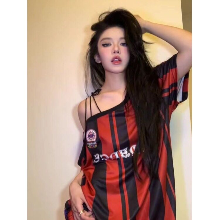 炒鸡纯欲!!!【露肩小衫】美式辣妹条纹球衣T恤女INS显瘦斜领上衣