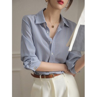 条纹衬衫长袖女夏季2026新款蓝色衬衣装法式温柔雪纺衫高级感上衣