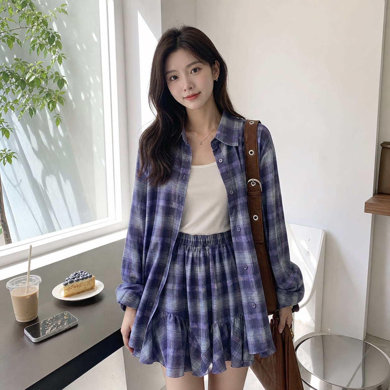 紫色格纹防晒衬衫裙裤两件套女