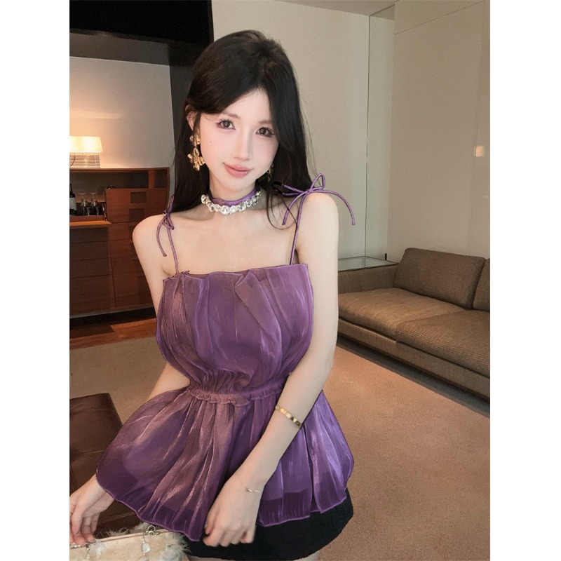 气质纯欲甜美高级感重工带钻挂脖吊带背心性感法式一字肩收腰上衣