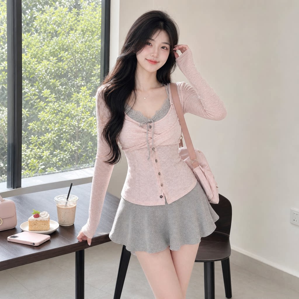 韩系纯欲叠穿吊带开衫两件套女