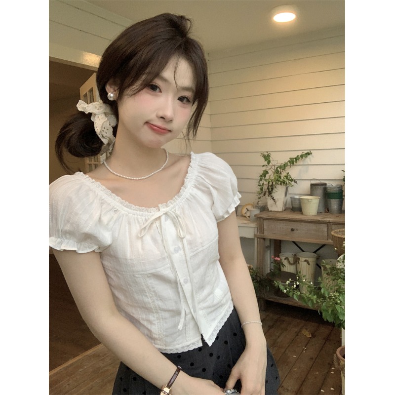 法式蕾丝短款白色泡泡夏季短袖设计新款衬衣甜美衬衫小个子上衣