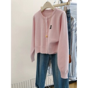 韩系早秋毛衣外套女字母刺绣小标短款纯色收腰长袖针织开衫女外套