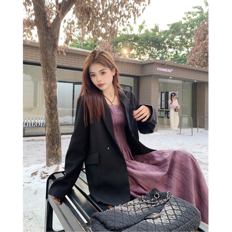 法式高级感压褶吊带连衣裙长袖西装外套女秋季2024新款时尚两件套