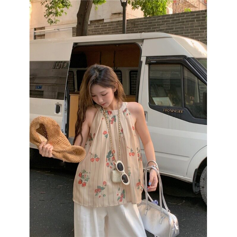娃娃衫无袖背心上衣女夏草莓印花通勤挂脖小衫小个子衬衫学院风
