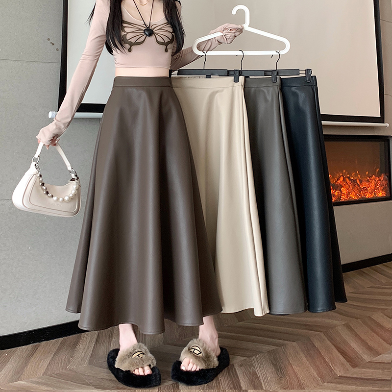 皮裙伞裙女2025秋冬新款遮胯显瘦中长大摆裙修身半身裙外穿pu长裙