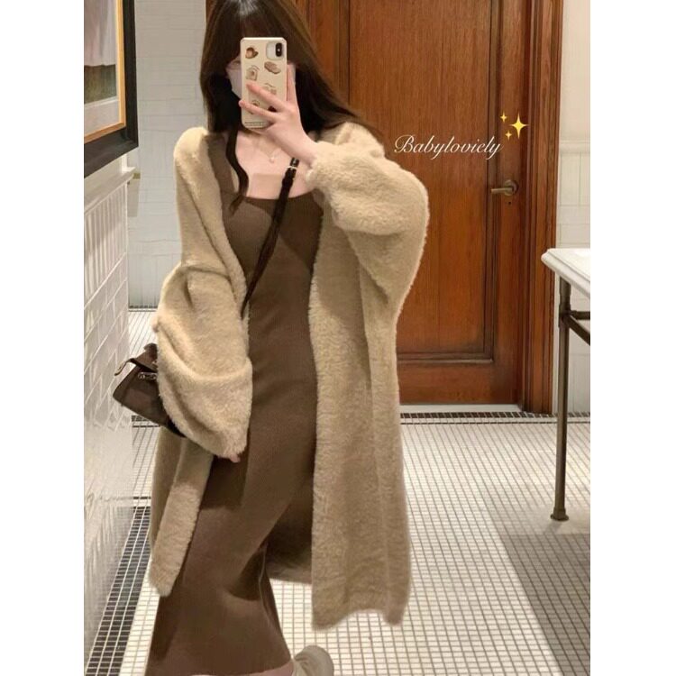 【两件套】中长款水貂毛软糯毛衣开衫秋季针织连衣裙吊带裙两件套