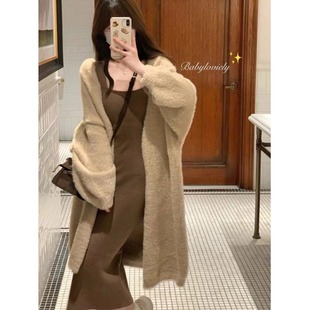 【两件套】中长款水貂毛软糯毛衣开衫秋季针织连衣裙吊带裙两件套