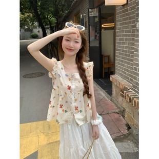 短款碎花小飞袖上衣初夏多巴胺法式娃娃衫小个子衬衫冰淇淋穿搭