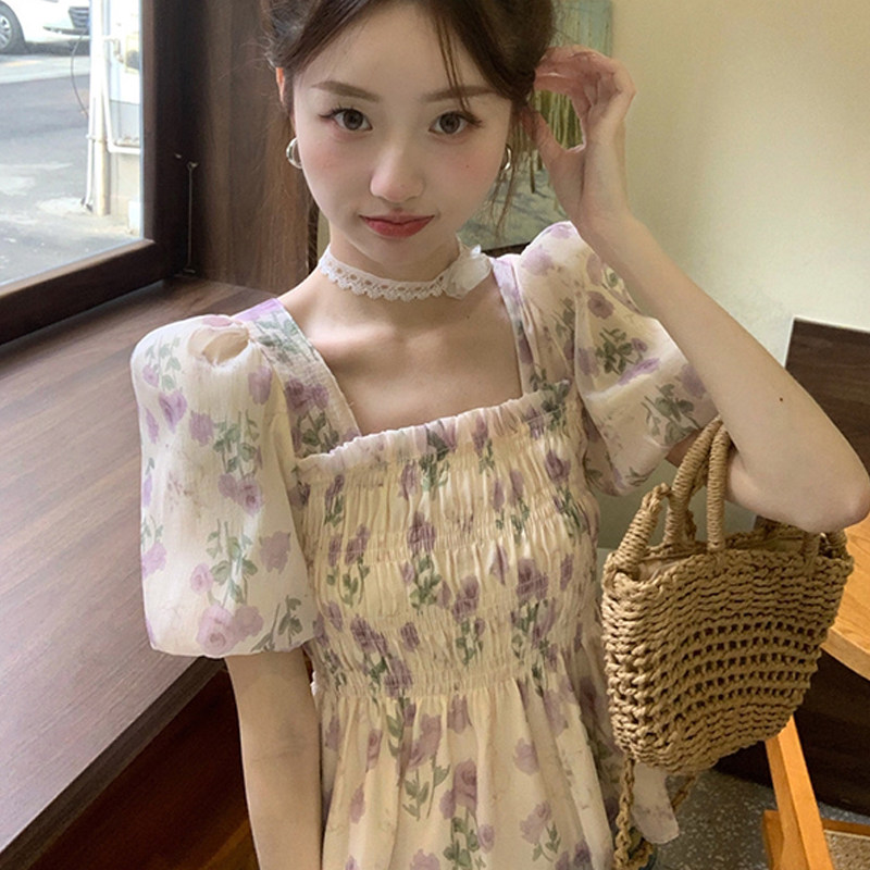 设计感小众2026年夏季新款韩版甜美碎花方领雪纺泡泡袖衬衣女上衣