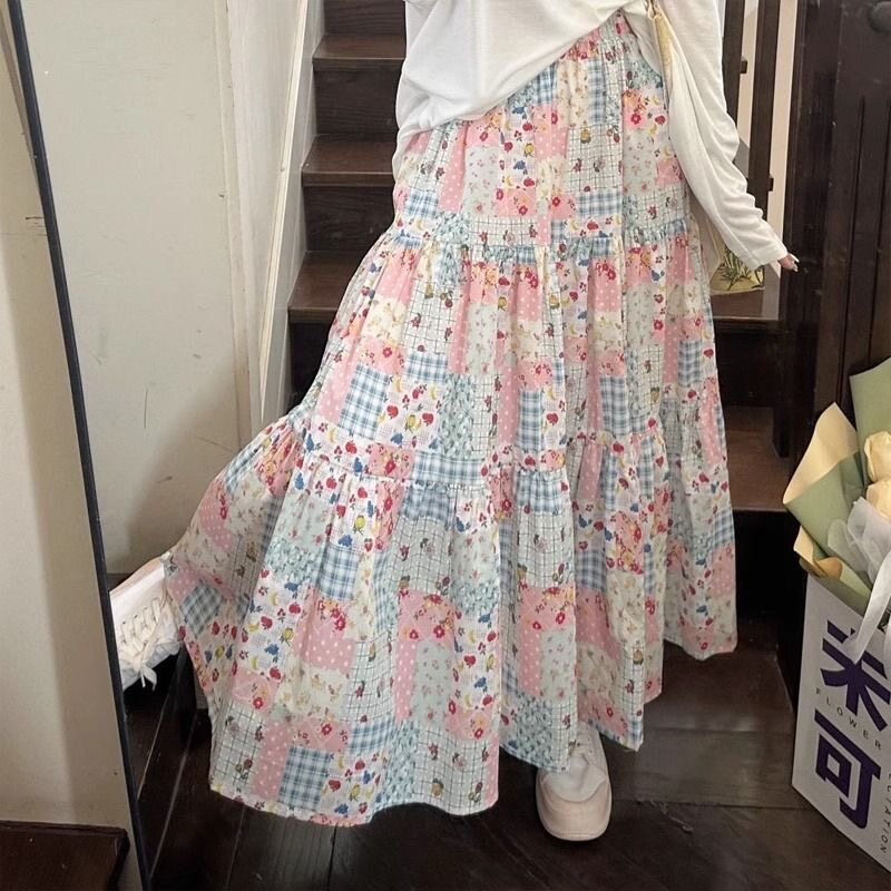 小清新设计感小众高腰a字碎花半身裙女2026春夏宽松百搭拼接裙子