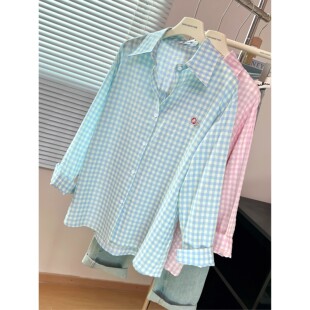 薄款 格子蓝色衬衫 刺绣衬衣夏季 新款 防晒外套宽松拼接休闲上衣 长袖