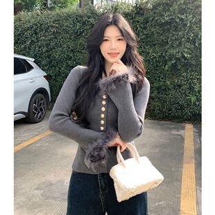 嘎嘎出片!!!【排扣】韩系高级感毛毛袖口圆领长袖针织修身衣ins潮