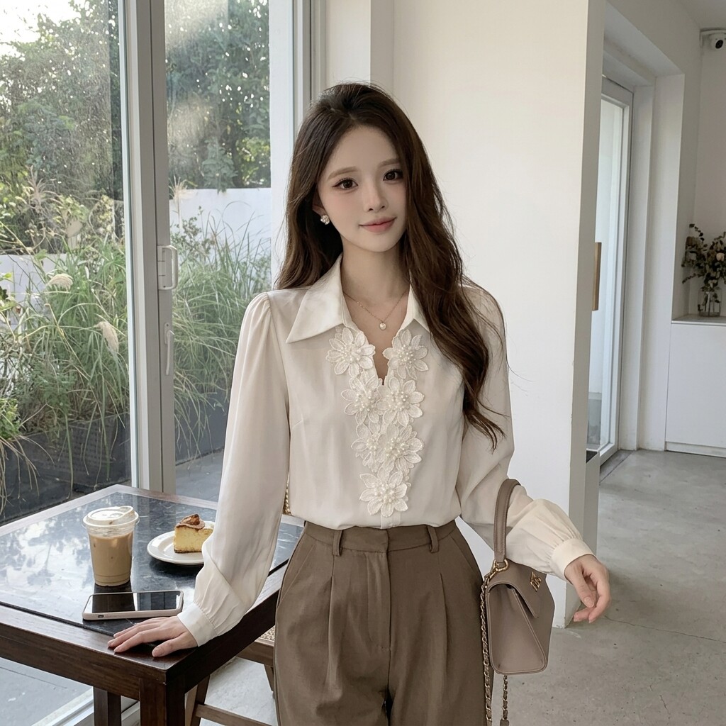 法式高级感立体花朵长袖衬衫女