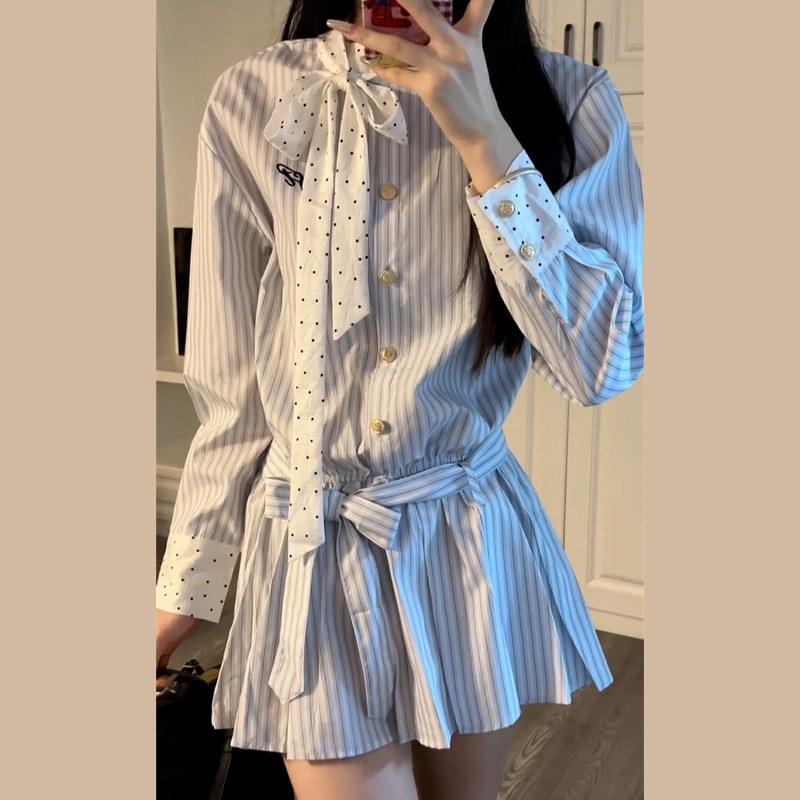 韩系衬衫条纹连衣裙女春秋