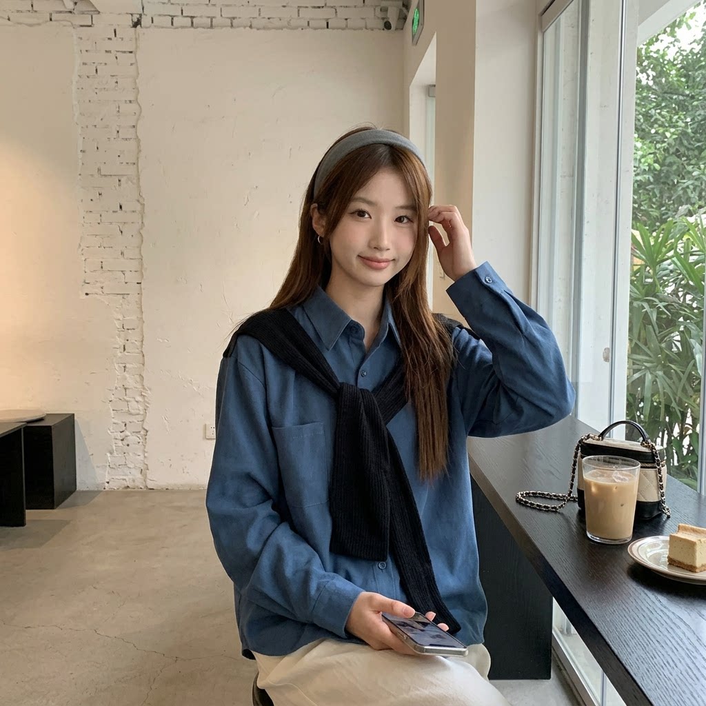 假两件披肩蓝衬衫女春秋高级感