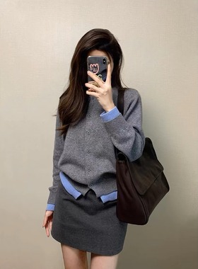 韩版假两件灰色软糯针织衫女春秋高级感气质休闲百搭纽扣开衫外套
