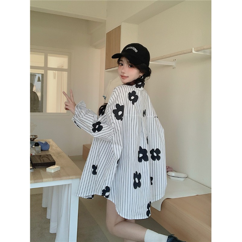设计感条纹花朵印花显瘦修身小个子高级宽松长袖衬衫个性上衣女士