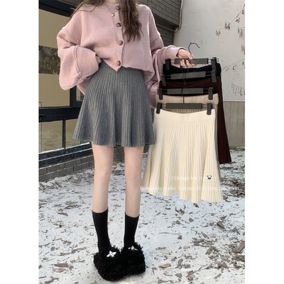 针织秋冬高腰小个子毛线短裙a型韩版春秋松紧百搭褶皱纯色百褶裙
