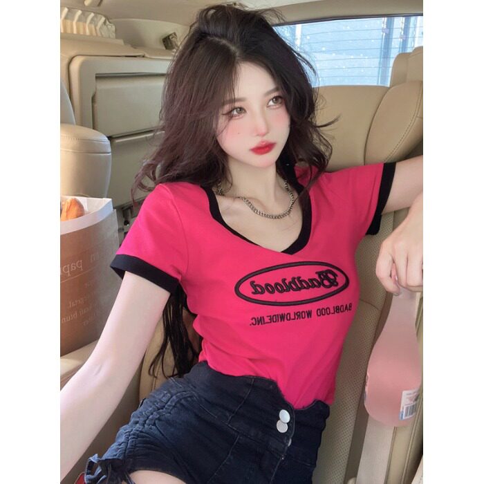 辣妹修身字母印花短款t女2026年夏季新款拼色短袖薄款针织衫潮
