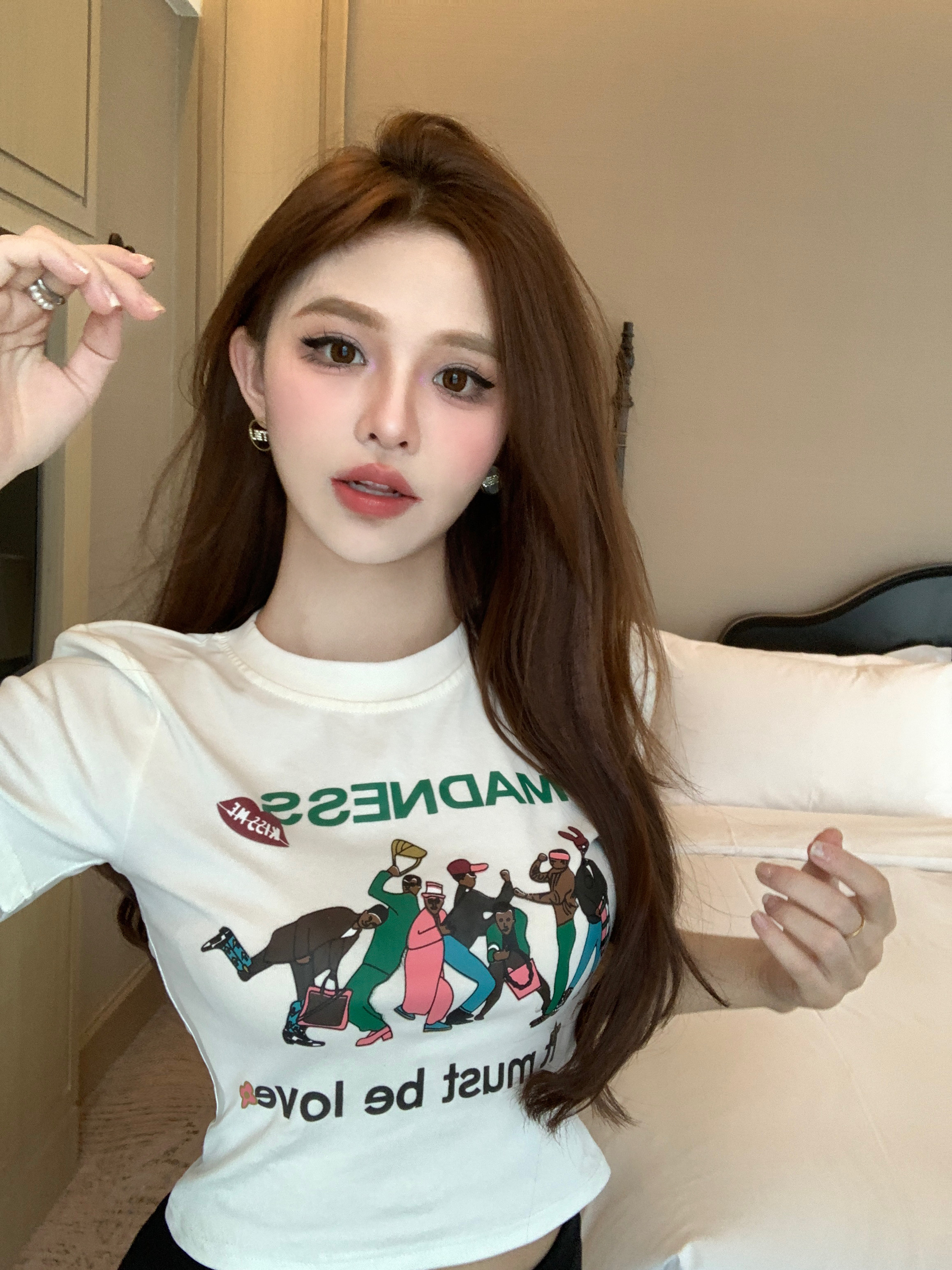 纯棉美式复古字母印花短袖T恤女夏季甜酷辣妹短款上衣紧身打底衫