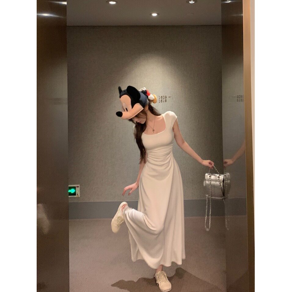 纯欲风辣妹短袖方领连衣裙女夏季新款收腰显瘦包臀裙设计感长裙子