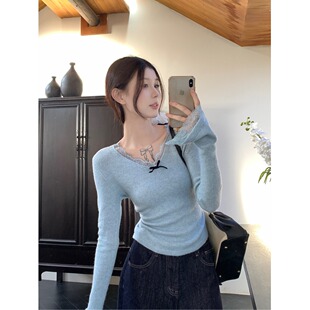 小香风蕾丝法式 内搭打底上衣 花边v领德绒衫 女秋冬纯欲风显瘦修身