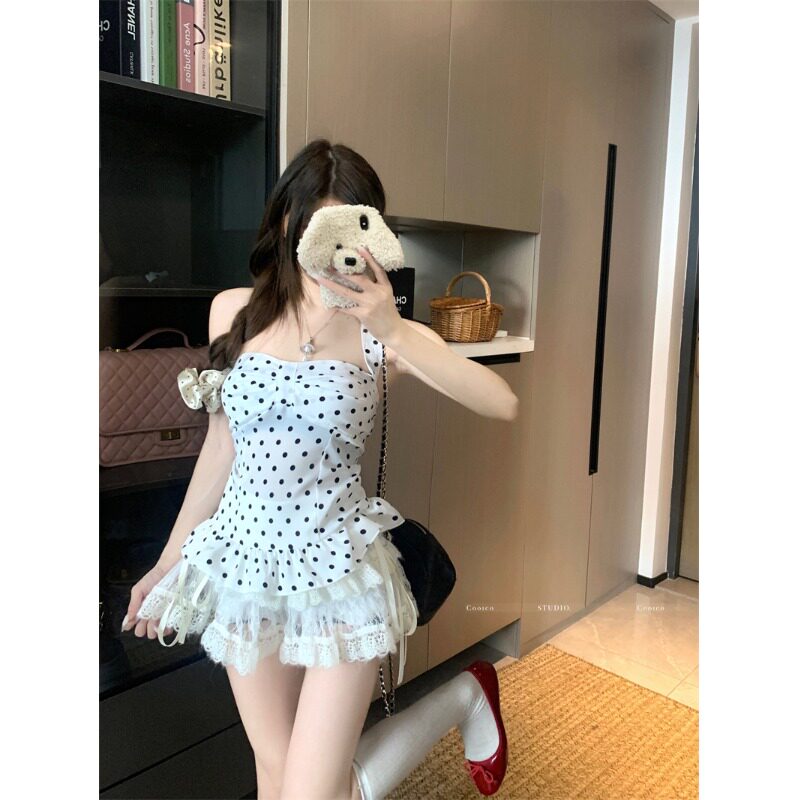 法式波点印花挂脖背心女夏季新款百搭修身收腰荷叶边吊带上衣