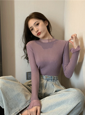 半高领针织打底衫女2025年早秋新款韩版修身内搭时尚拼接网纱上衣