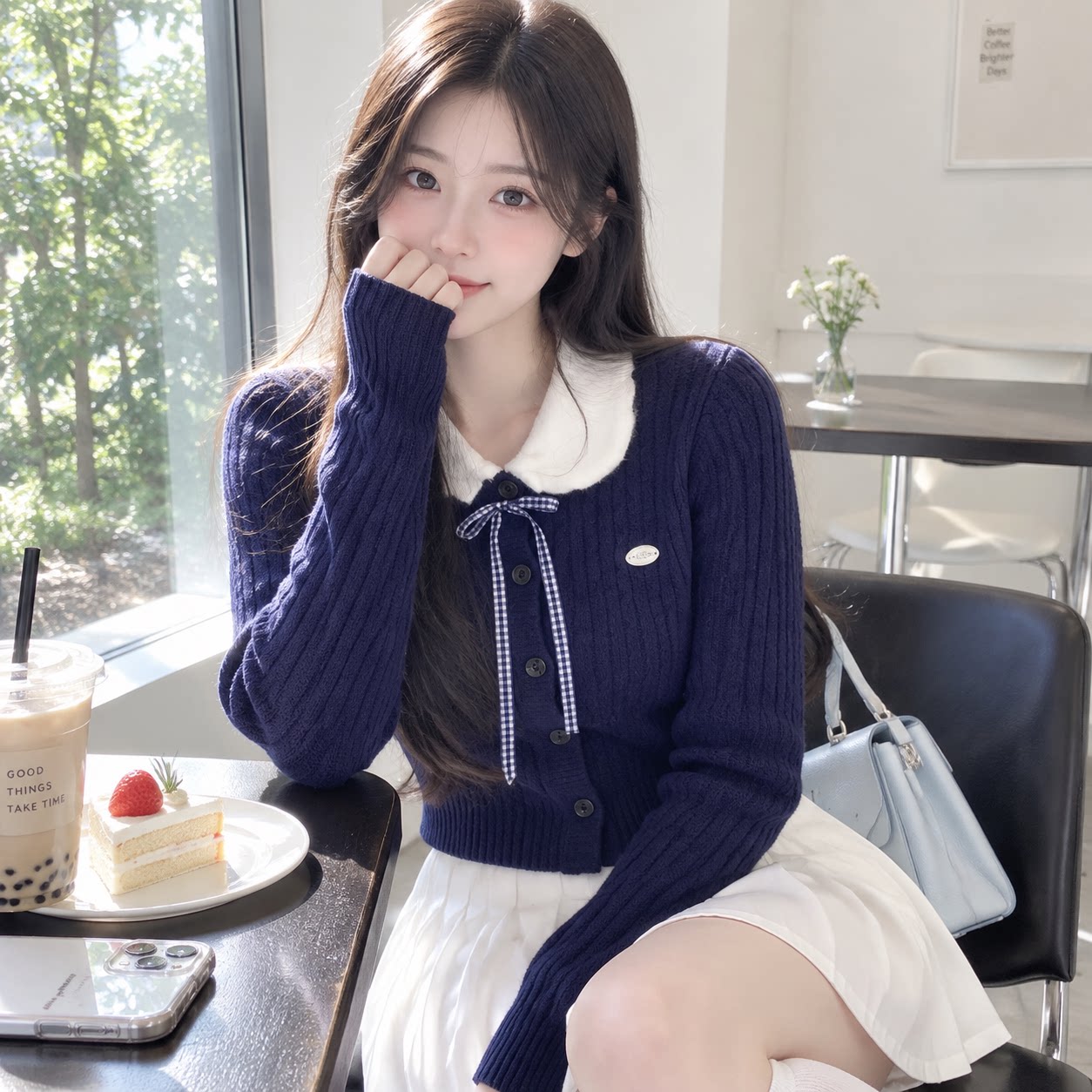 小香风软糯娃娃领蝴蝶结针织开衫