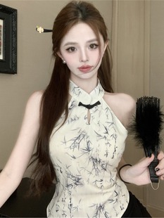 时尚小众新中式印花盘扣挂脖小背心女夏季国风修身短款上衣外穿夏