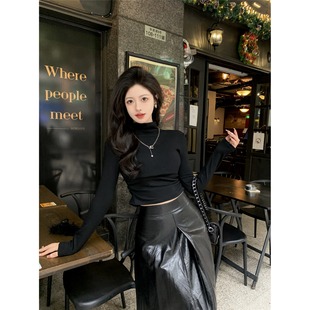 赫本风黑色高级感高腰半身裙女春秋御姐穿搭皮裙小个子a字百褶裙