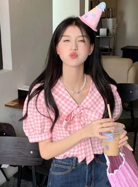 娃娃格子泡泡衬衫夏季2024新款设计感小众法式甜美韩系上衣