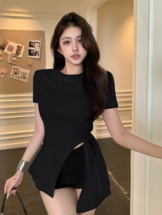 不规则开叉绑带时尚t恤女夏季设计感小众修身显瘦中长款上衣