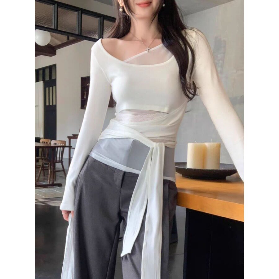 韩系不规则长袖薄款罩衫宽松显瘦T恤女2026春季款绑带收腰上衣