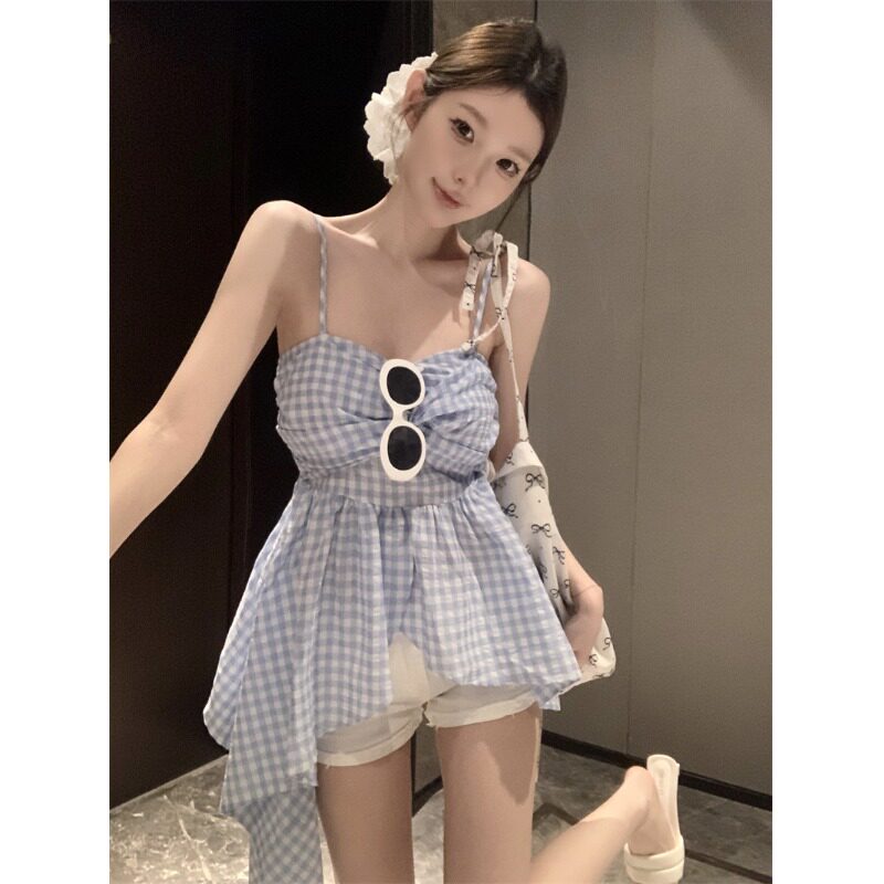 夏季韩系格子扭结修身吊带背心