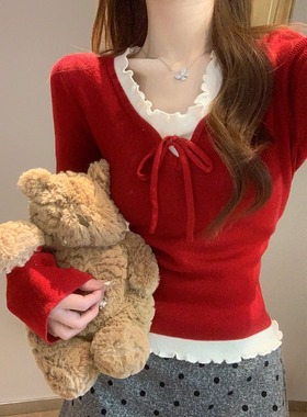 红色新年纯欲蝴蝶结假两件打底长袖T恤秋冬修身上衣bm木耳边上衣