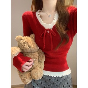 红色新年纯欲蝴蝶结假两件打底长袖 上衣bm木耳边上衣 T恤秋冬修身