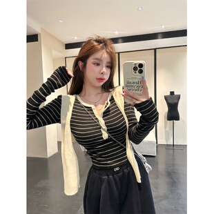 韩版辣妹风纽扣半开领撞色条纹T恤女秋季通勤百搭修身带披肩上衣