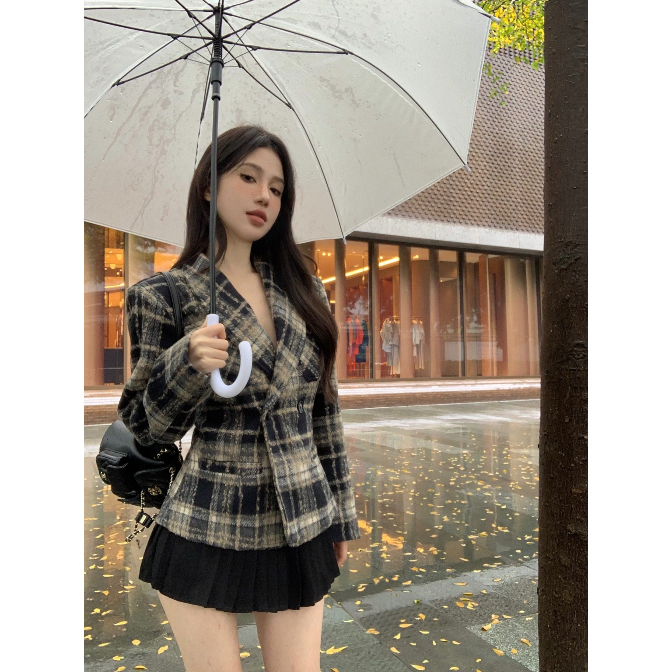 韩版复古高级西装格子毛呢上衣外套秋冬季新款时髦洋气收腰显瘦款
