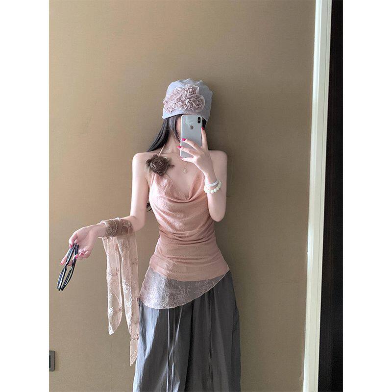夏季法式甜辣蕾丝挂脖露背背心