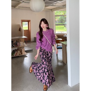 高级感紫色套头针织衫女秋冬季宽松奶fufu慵懒风通勤毛衣外穿上衣