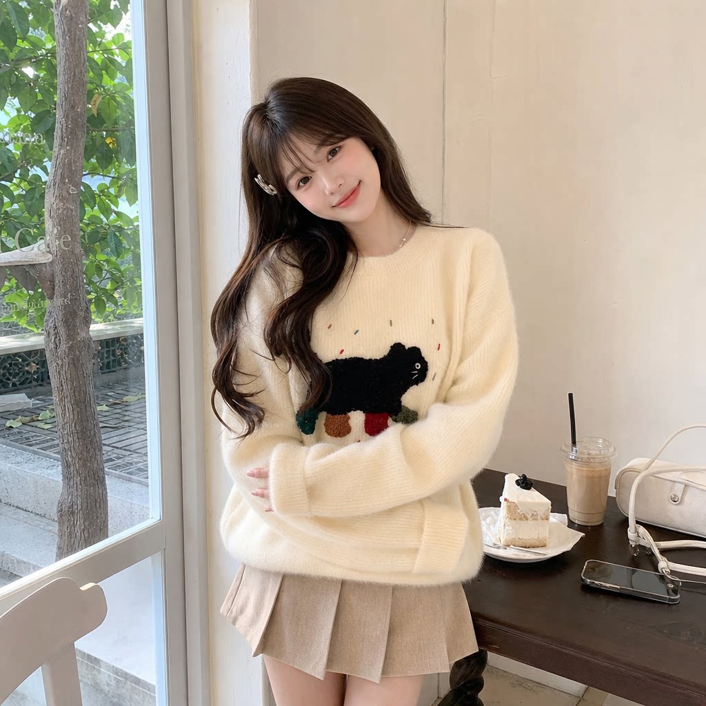 仿水貂绒白色慵懒小猫刺绣毛衣女