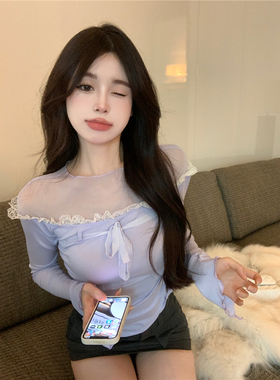 t恤女韩版网纱拼接设计感纯欲一字肩打底衫内搭修身辣妹长袖上衣