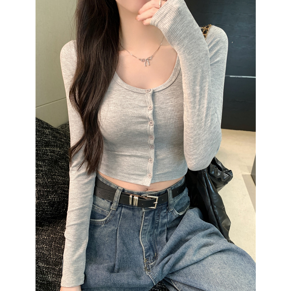 纽扣开衫紧身露脐上衣秋季新款辣妹修身长袖短款显瘦T恤性感打底