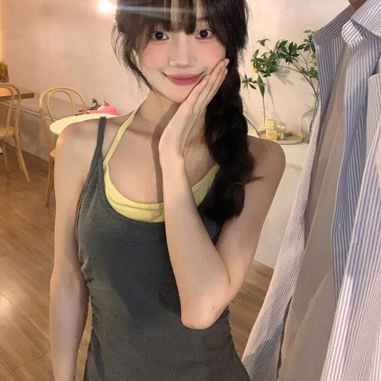 吊带针织连衣裙辣妹法式时尚洋气茶歇裙子收腰小个子长款吊带裙子