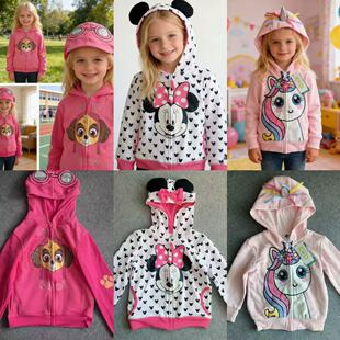 超美外单女童2-6岁卡通秋冬抓绒小狗独角兽米妮连帽卫衣绒衫外套
