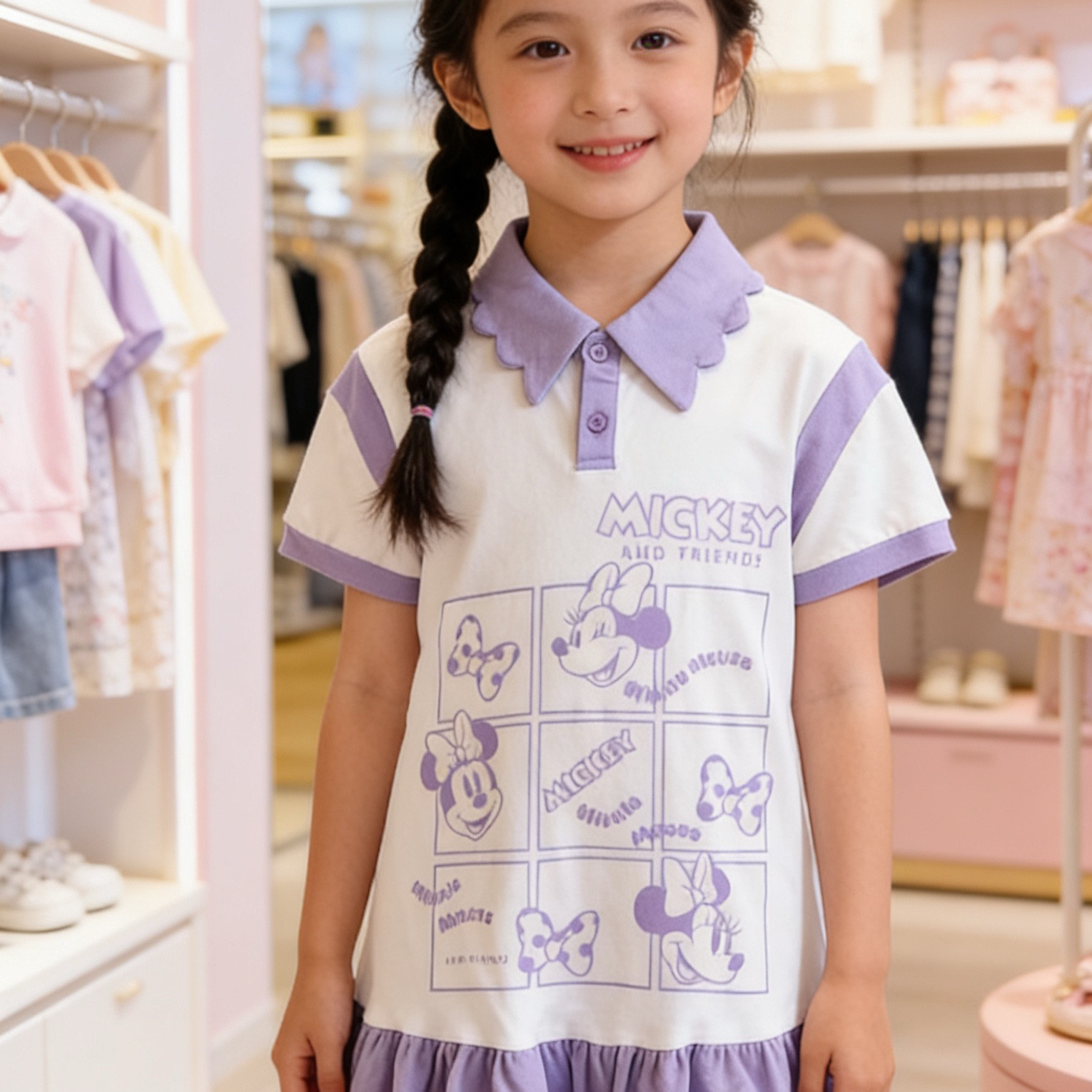 超美卡通米妮女童夏季新款紫色拼接时尚洋气娃娃领短袖连衣裙裙子