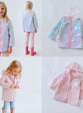 超美Bling春秋女童1-14岁亮片透明防水雨衣日常柔软连帽拉链外套